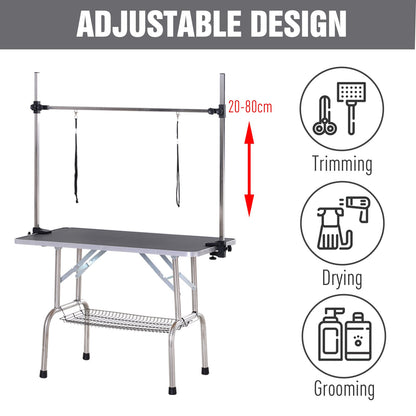 PawHut Adjustable Dog Grooming Table Rubber Top 2 Safety Slings Mesh Storage Basket Heavy Metal Black 107 x 60 x 170cm - Baig Merchant