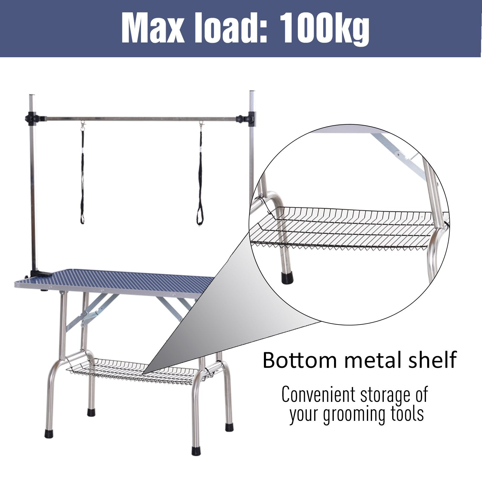 PawHut Adjustable Dog Grooming Table Rubber Top 2 Safety Slings Mesh Storage Basket Heavy Metal Blue 107 x 60 x 170cm - Baig Merchant