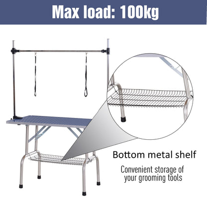 PawHut Adjustable Dog Grooming Table Rubber Top 2 Safety Slings Mesh Storage Basket Heavy Metal Blue 107 x 60 x 170cm - Baig Merchant