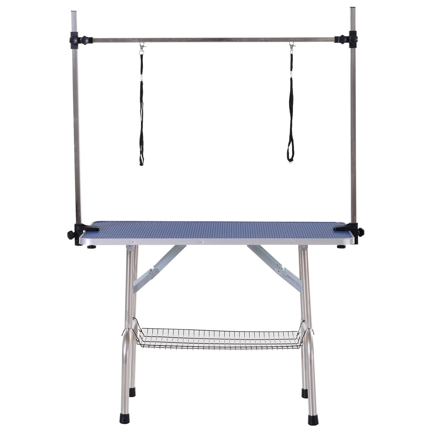 PawHut Adjustable Dog Grooming Table Rubber Top 2 Safety Slings Mesh Storage Basket Heavy Metal Blue 107 x 60 x 170cm - Baig Merchant