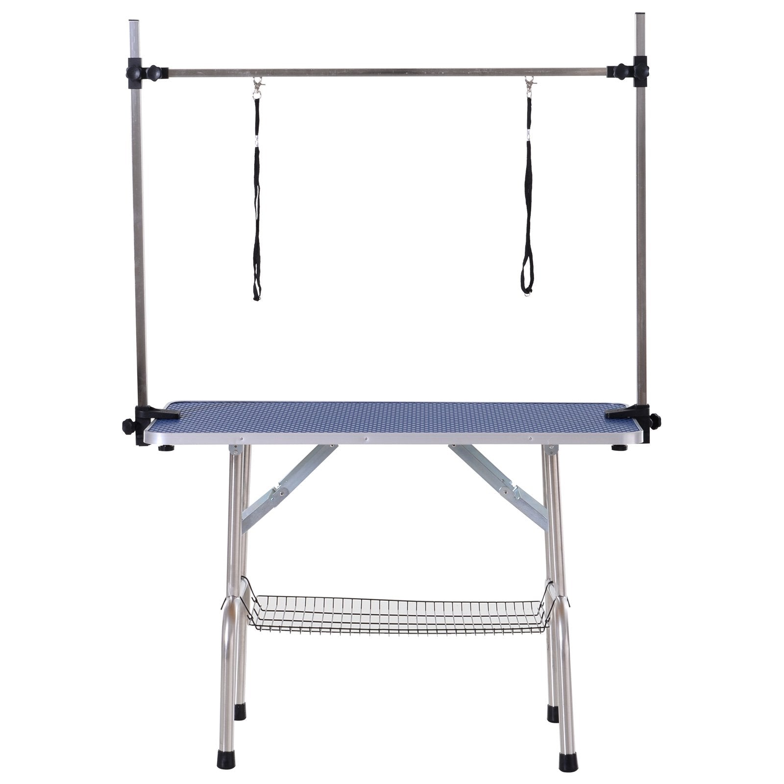 PawHut Adjustable Dog Grooming Table Rubber Top 2 Safety Slings Mesh Storage Basket Heavy Metal Blue 107 x 60 x 170cm - Baig Merchant