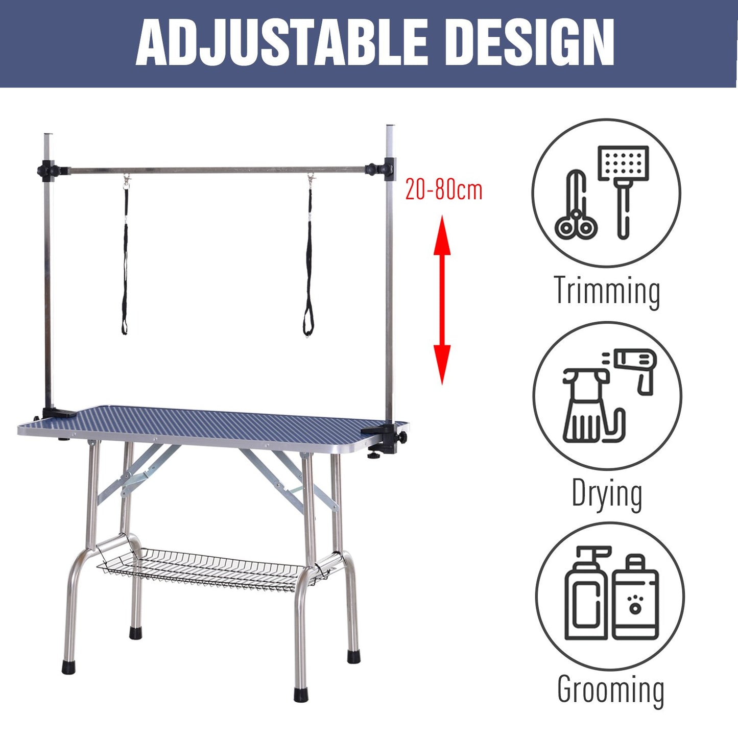 PawHut Adjustable Dog Grooming Table Rubber Top 2 Safety Slings Mesh Storage Basket Heavy Metal Blue 107 x 60 x 170cm - Baig Merchant