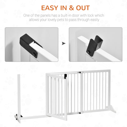 PawHut Adjustable Wooden Pet Gate Freestanding Dog Barrier Fence Doorway 3 Panels Safety Gate w/ Lockable Door White 71H x 113 - 166W cm - Baig Merchant