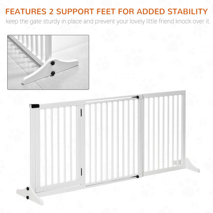 PawHut Adjustable Wooden Pet Gate Freestanding Dog Barrier Fence Doorway 3 Panels Safety Gate w/ Lockable Door White 71H x 113 - 166W cm - Baig Merchant