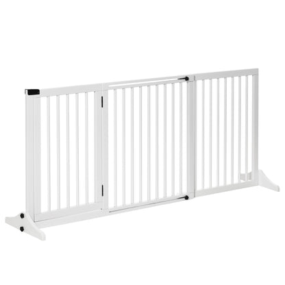 PawHut Adjustable Wooden Pet Gate Freestanding Dog Barrier Fence Doorway 3 Panels Safety Gate w/ Lockable Door White 71H x 113 - 166W cm - Baig Merchant