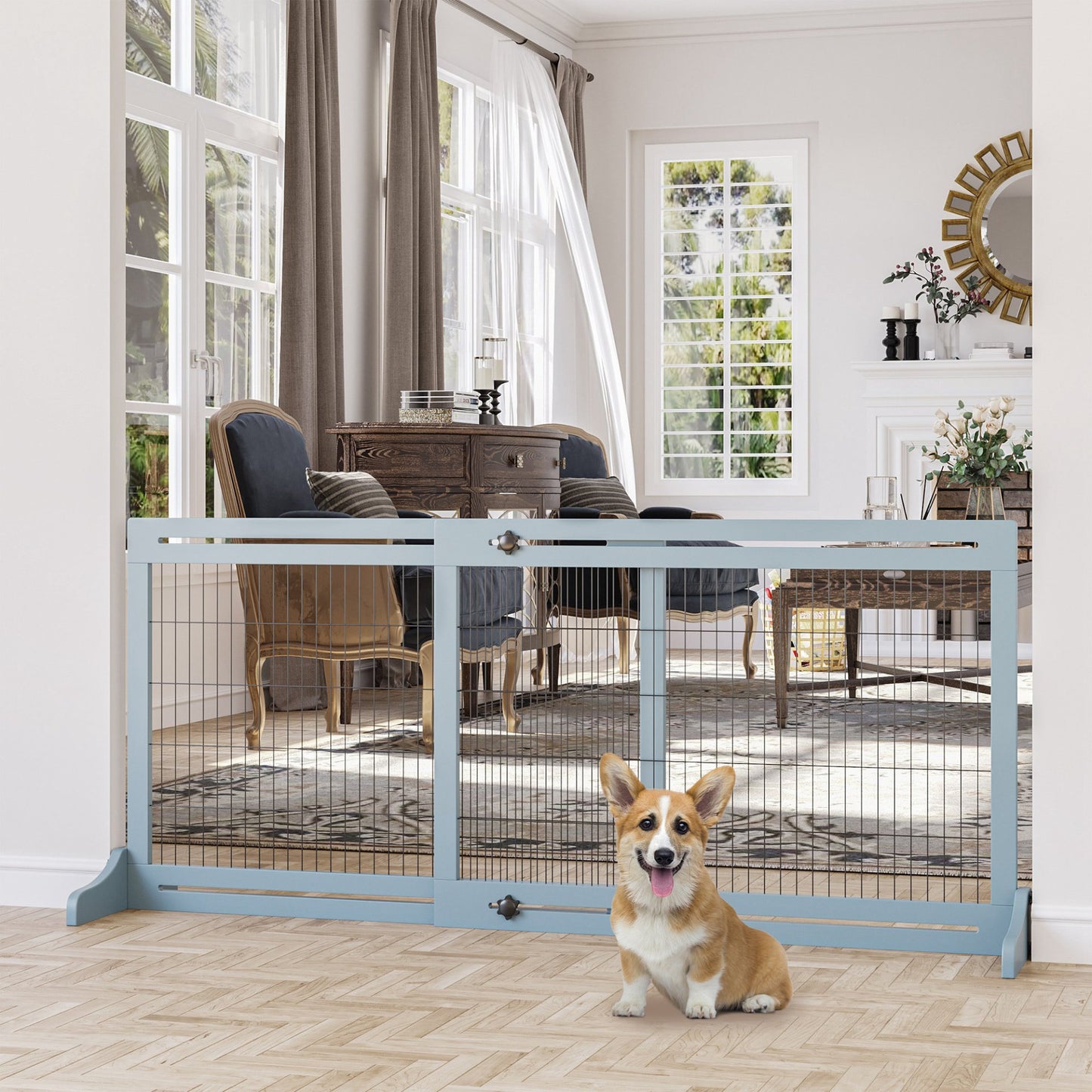 PawHut Adjustable Wooden Pet Gate, Freestanding Dog Barrier Fence with 2 Panels for Doorway, Hallway, 69H x 104 - 183 cm, Blue - grey - Baig Merchant