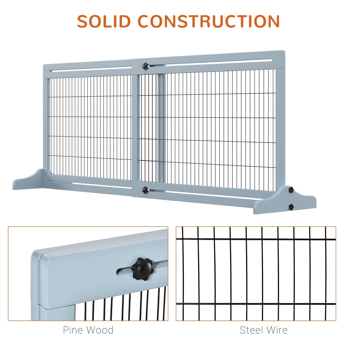 PawHut Adjustable Wooden Pet Gate, Freestanding Dog Barrier Fence with 2 Panels for Doorway, Hallway, 69H x 104 - 183 cm, Blue - grey - Baig Merchant