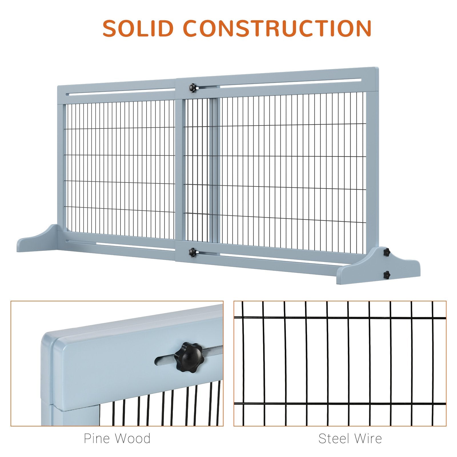 PawHut Adjustable Wooden Pet Gate, Freestanding Dog Barrier Fence with 2 Panels for Doorway, Hallway, 69H x 104 - 183 cm, Blue - grey - Baig Merchant