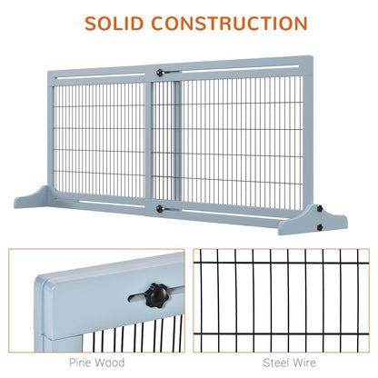 PawHut Adjustable Wooden Pet Gate, Freestanding Dog Barrier Fence with 2 Panels for Doorway, Hallway, 69H x 104 - 183 cm, Blue - grey - Baig Merchant