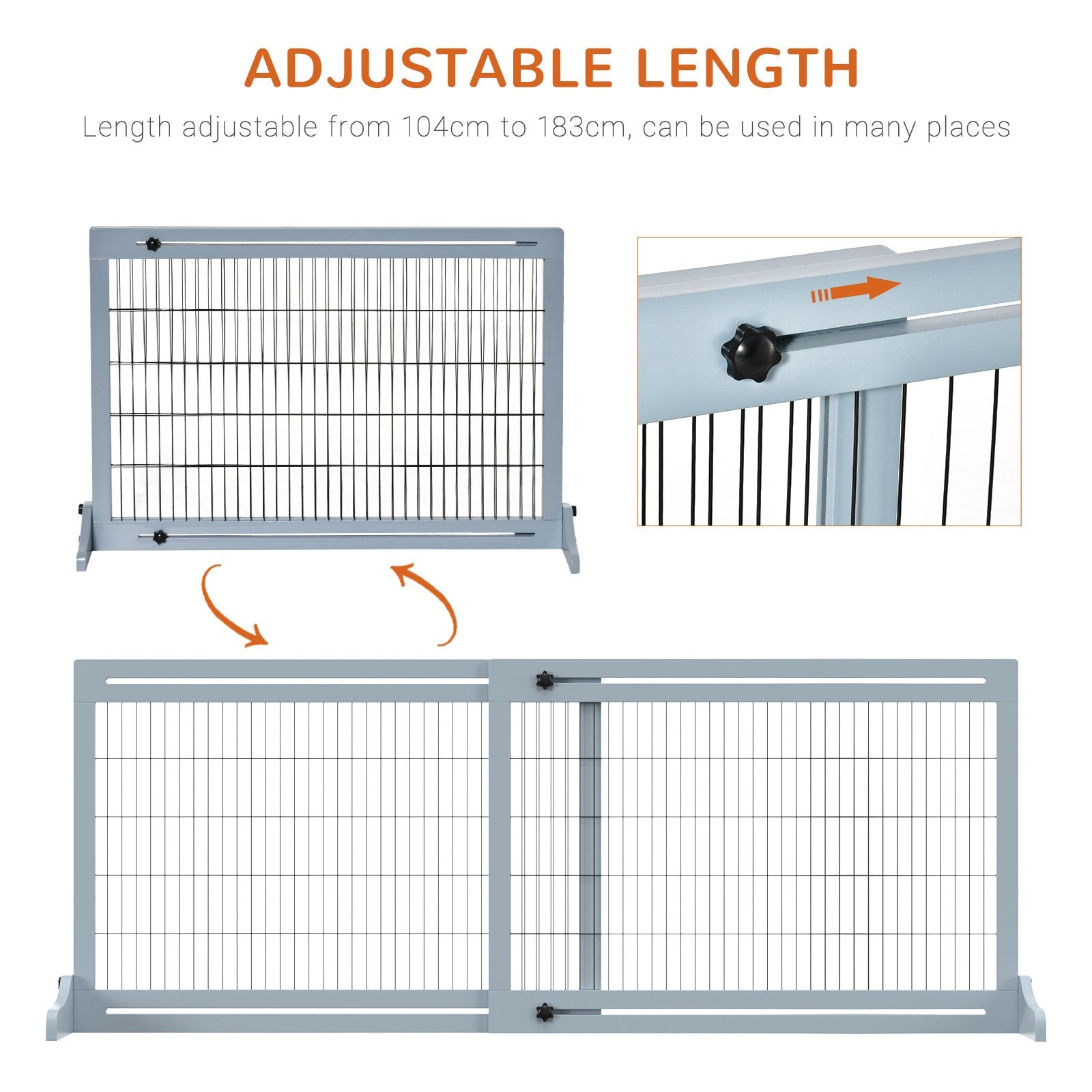 PawHut Adjustable Wooden Pet Gate, Freestanding Dog Barrier Fence with 2 Panels for Doorway, Hallway, 69H x 104 - 183 cm, Blue - grey - Baig Merchant