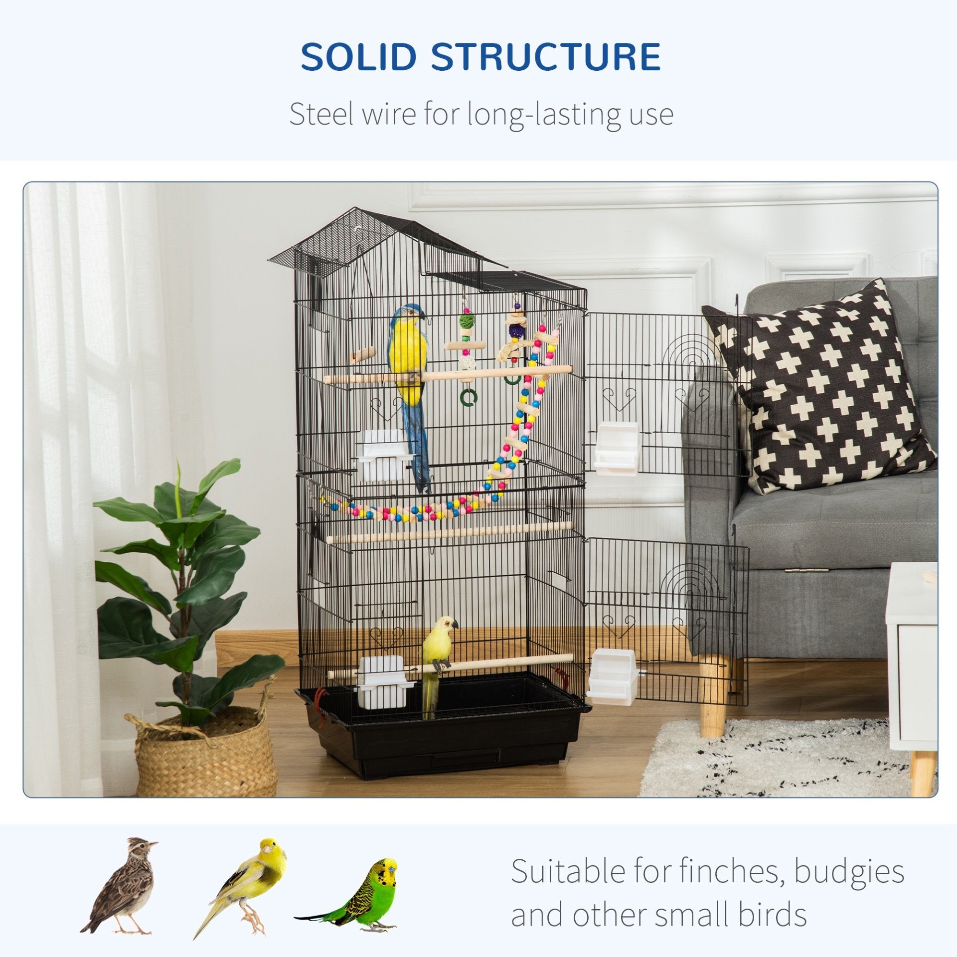 PawHut Bird Cage for Budgies, Finches, Canaries w/ Accessories, Toys, Tray, Handle, 46 x 36 x 100cm - Black - Baig Merchant