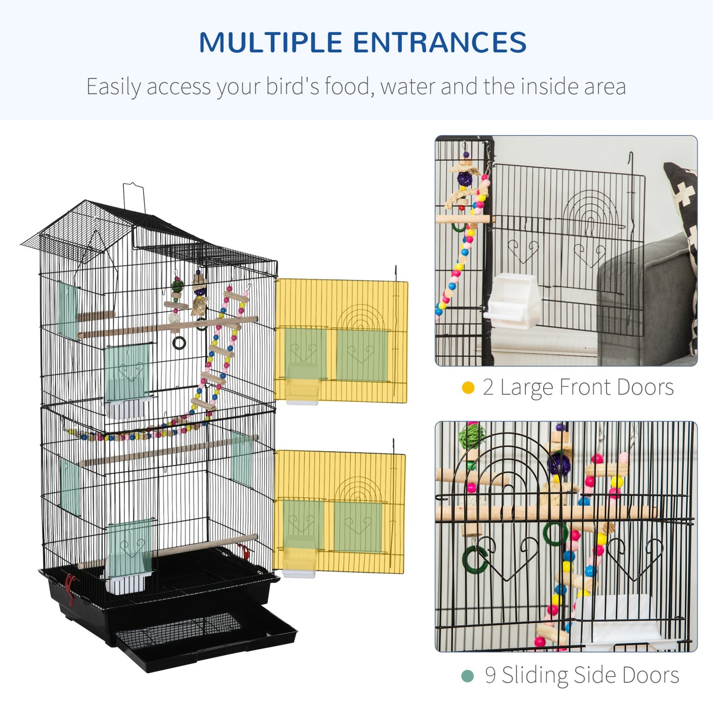 PawHut Bird Cage for Budgies, Finches, Canaries w/ Accessories, Toys, Tray, Handle, 46 x 36 x 100cm - Black - Baig Merchant