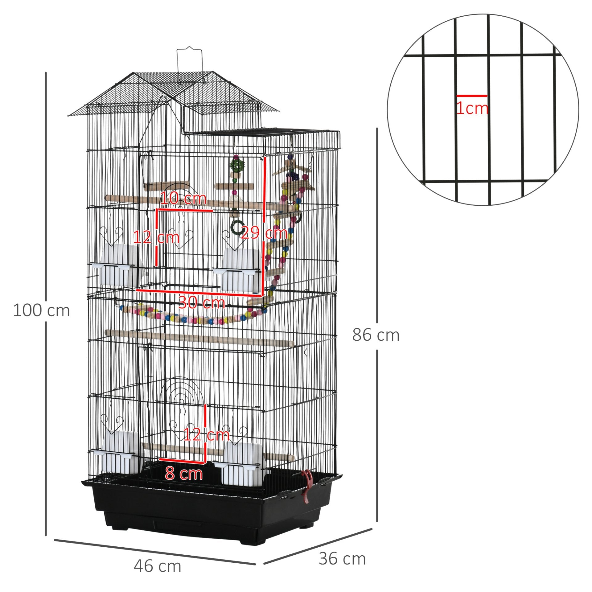 PawHut Bird Cage for Budgies, Finches, Canaries w/ Accessories, Toys, Tray, Handle, 46 x 36 x 100cm - Black - Baig Merchant