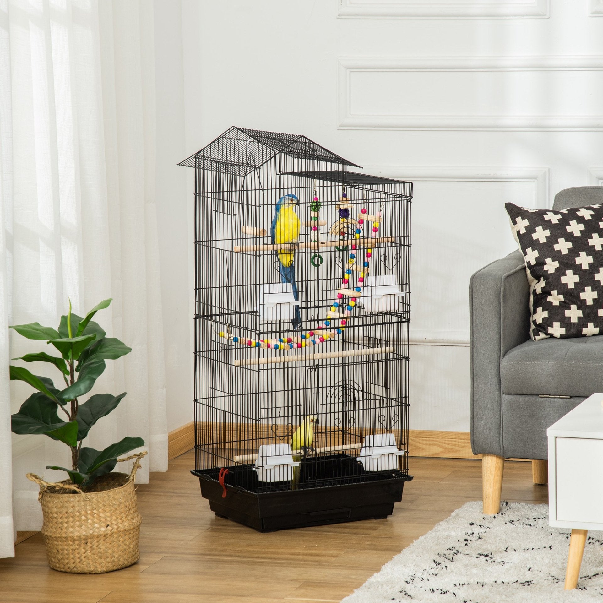 PawHut Bird Cage for Budgies, Finches, Canaries w/ Accessories, Toys, Tray, Handle, 46 x 36 x 100cm - Black - Baig Merchant