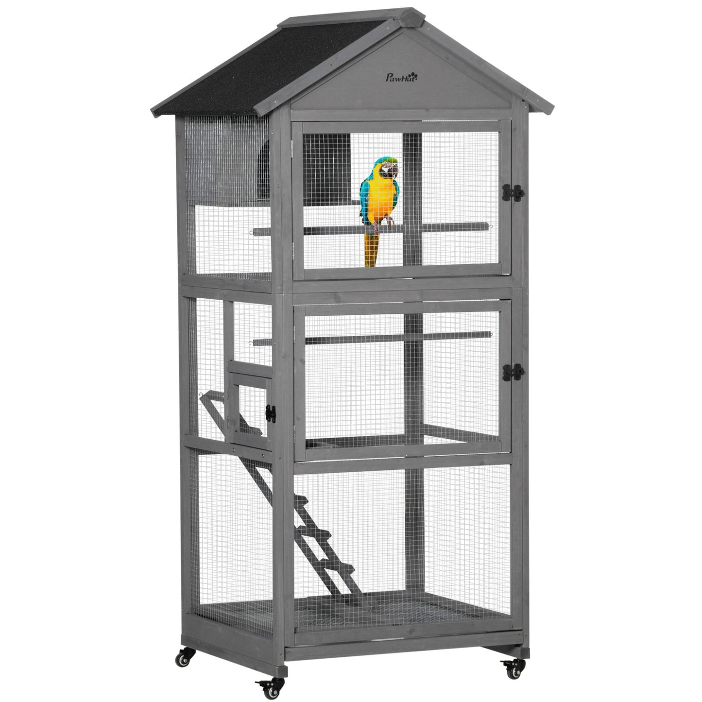 PawHut Bird Cage Mobile Wooden Aviary House for Canary Cockatiel Parrot with Wheel Perch Nest Ladder Slide - out Tray for Indoor Outdoor 86 x 78 x 180cm Dark Grey - Baig Merchant