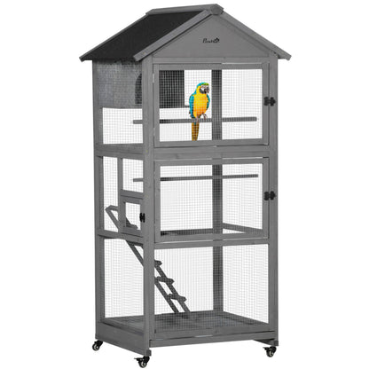 PawHut Bird Cage Mobile Wooden Aviary House for Canary Cockatiel Parrot with Wheel Perch Nest Ladder Slide - out Tray for Indoor Outdoor 86 x 78 x 180cm Dark Grey - Baig Merchant