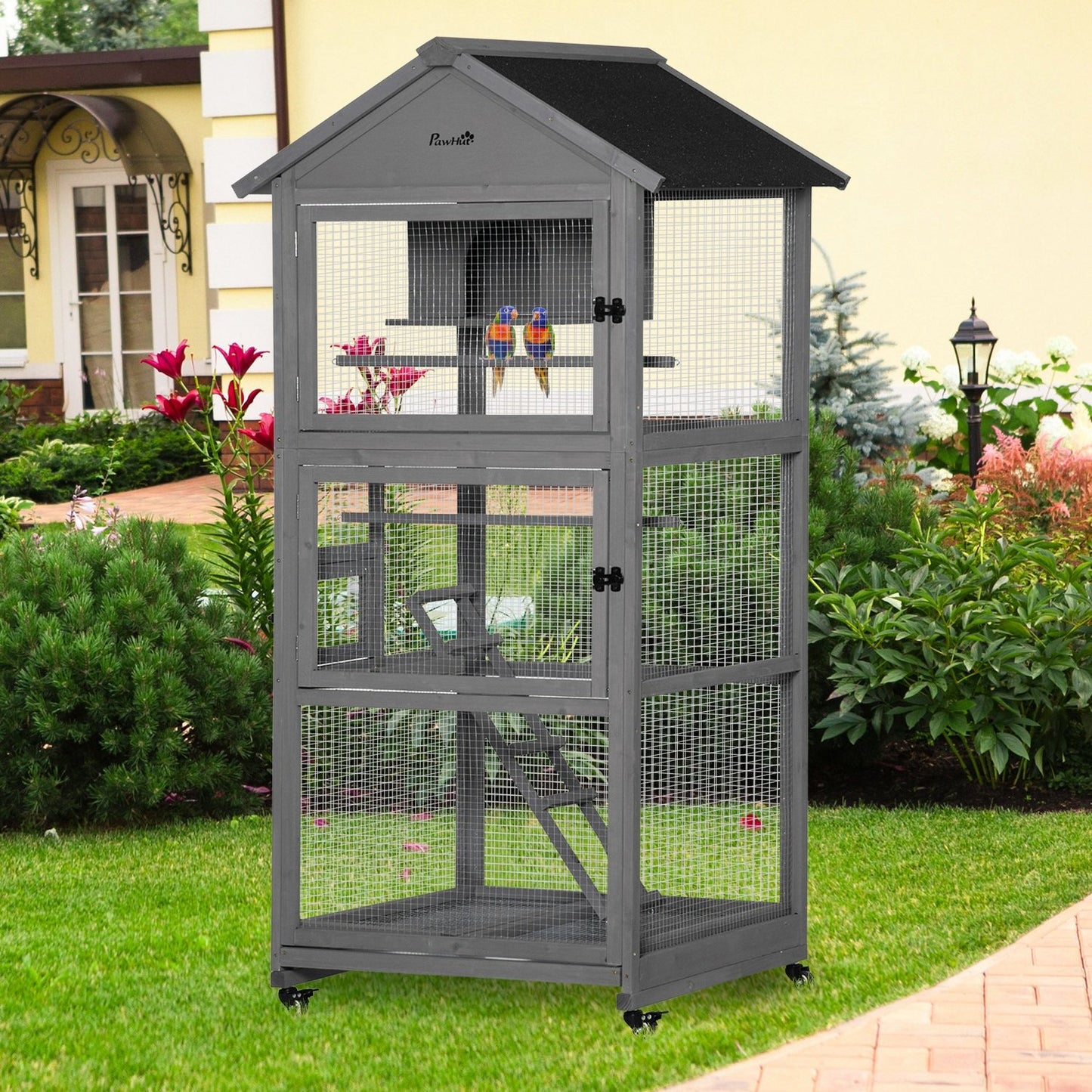 PawHut Bird Cage Mobile Wooden Aviary House for Canary Cockatiel Parrot with Wheel Perch Nest Ladder Slide - out Tray for Indoor Outdoor 86 x 78 x 180cm Dark Grey - Baig Merchant