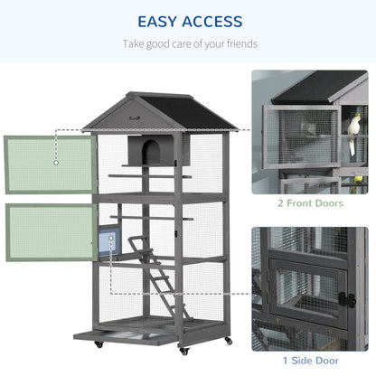 PawHut Bird Cage Mobile Wooden Aviary House for Canary Cockatiel Parrot with Wheel Perch Nest Ladder Slide - out Tray for Indoor Outdoor 86 x 78 x 180cm Dark Grey - Baig Merchant