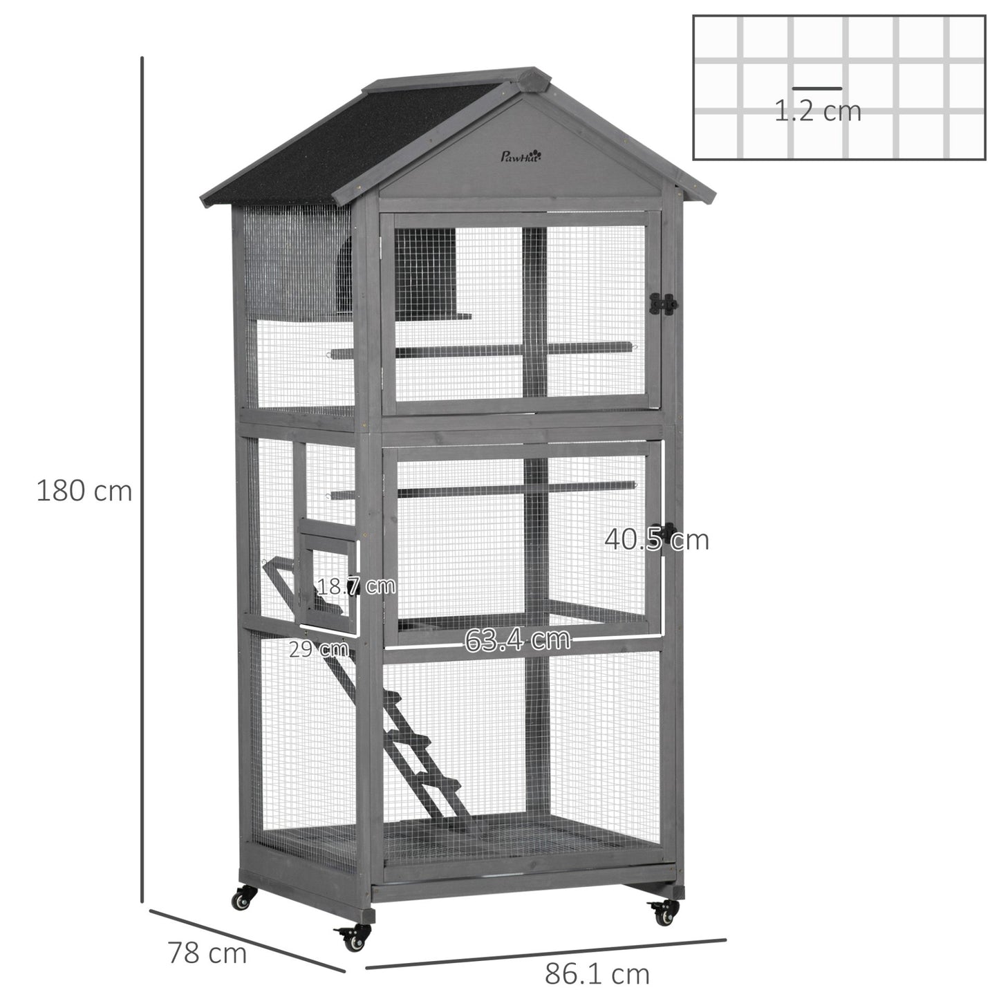 PawHut Bird Cage Mobile Wooden Aviary House for Canary Cockatiel Parrot with Wheel Perch Nest Ladder Slide - out Tray for Indoor Outdoor 86 x 78 x 180cm Dark Grey - Baig Merchant