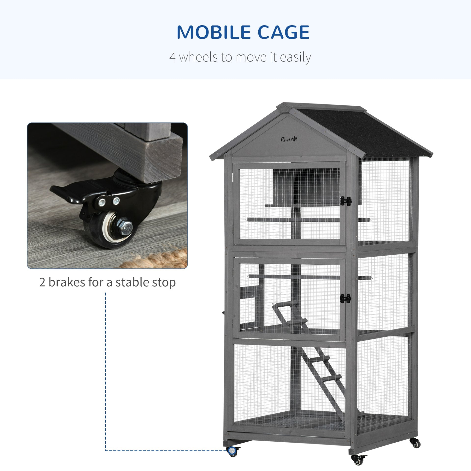 PawHut Bird Cage Mobile Wooden Aviary House for Canary Cockatiel Parrot with Wheel Perch Nest Ladder Slide - out Tray for Indoor Outdoor 86 x 78 x 180cm Dark Grey - Baig Merchant