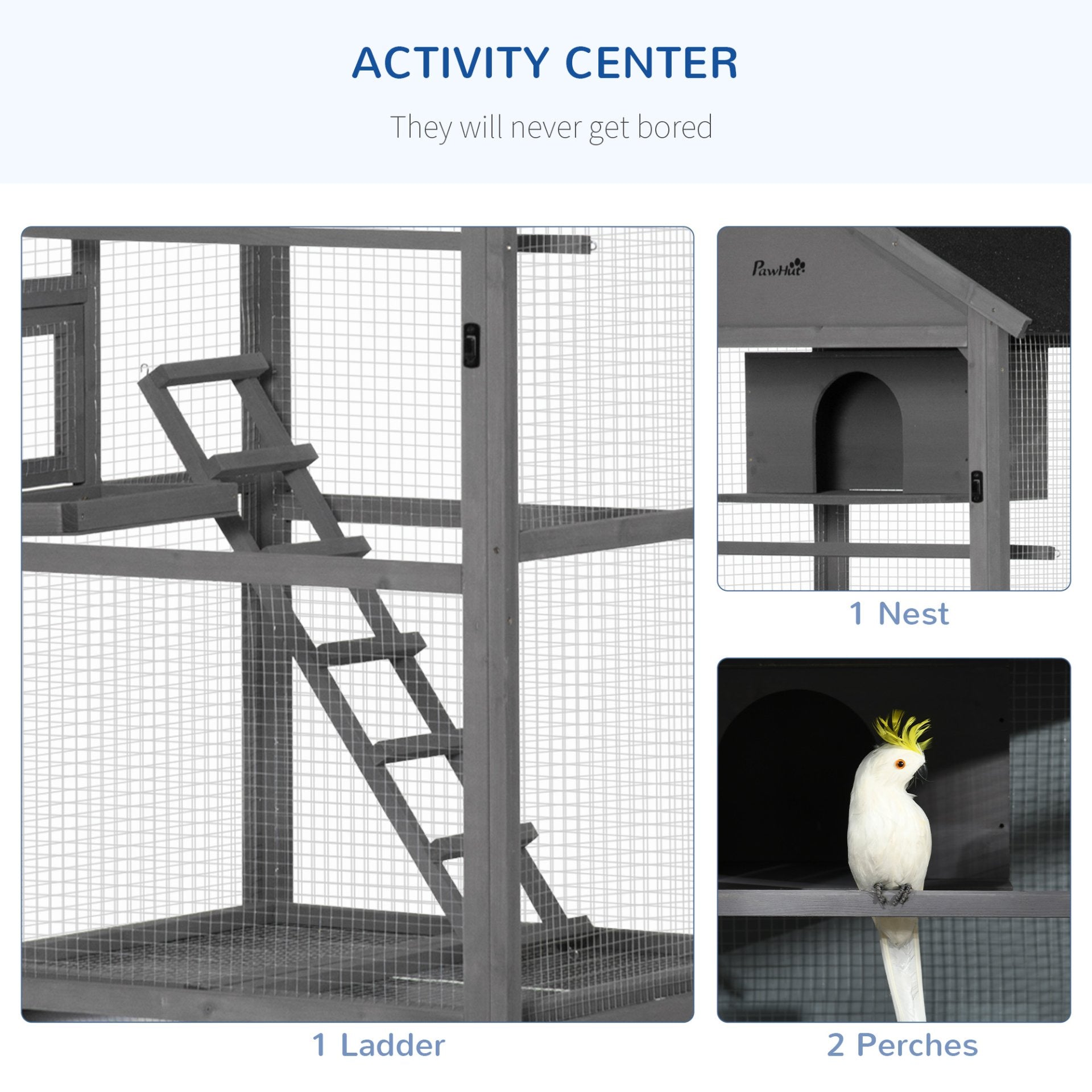 PawHut Bird Cage Mobile Wooden Aviary House for Canary Cockatiel Parrot with Wheel Perch Nest Ladder Slide - out Tray for Indoor Outdoor 86 x 78 x 180cm Dark Grey - Baig Merchant