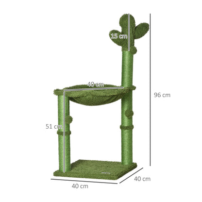 PawHut Cactus Cat Tree Tower for Indoor Cats Sisal Scratching Post with Hammock Bed Dangling Ball 40 x 40 x 96 cm - Baig Merchant