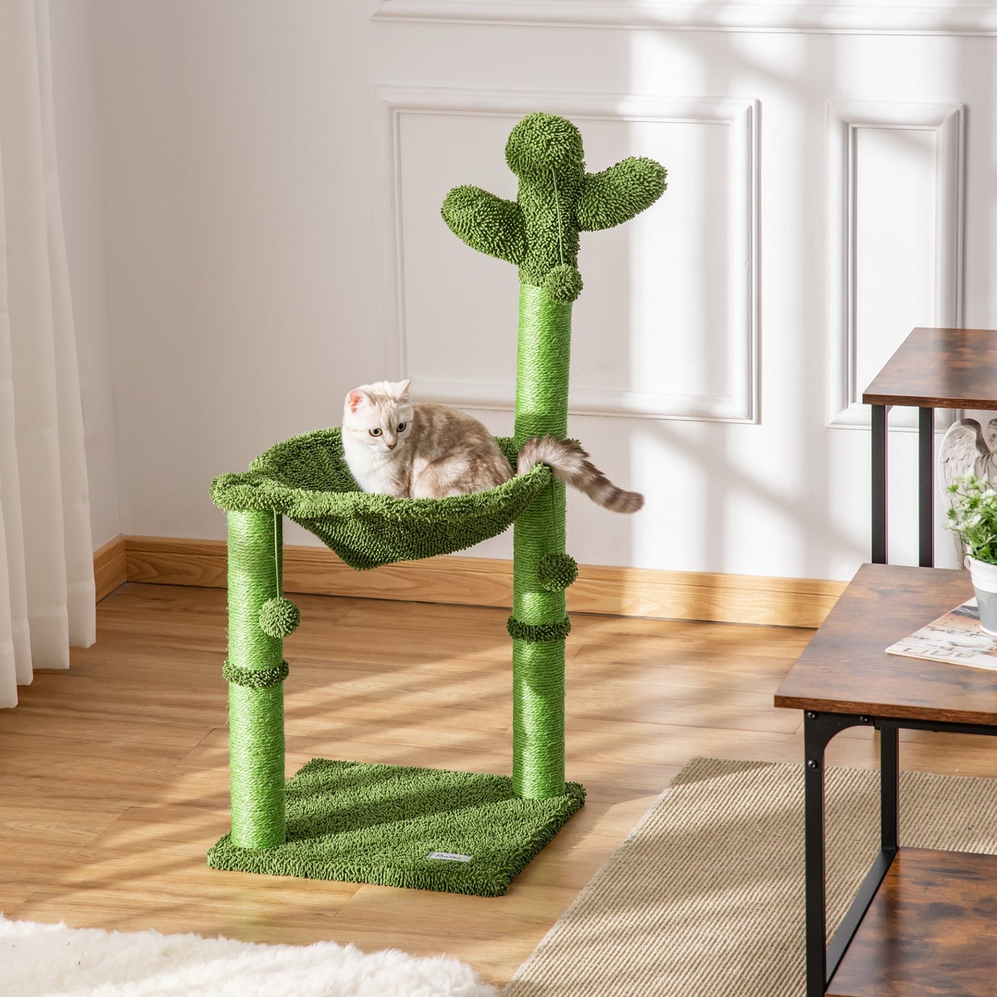 PawHut Cactus Cat Tree Tower for Indoor Cats Sisal Scratching Post with Hammock Bed Dangling Ball 40 x 40 x 96 cm - Baig Merchant