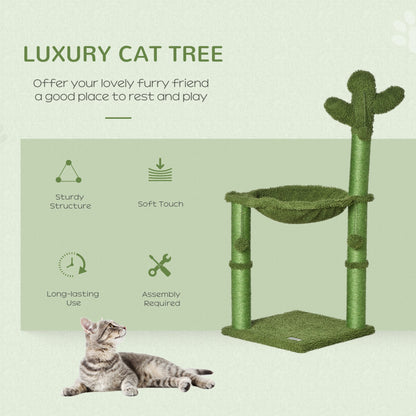 PawHut Cactus Cat Tree Tower for Indoor Cats Sisal Scratching Post with Hammock Bed Dangling Ball 40 x 40 x 96 cm - Baig Merchant