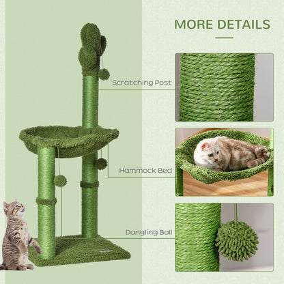 PawHut Cactus Cat Tree Tower for Indoor Cats Sisal Scratching Post with Hammock Bed Dangling Ball 40 x 40 x 96 cm - Baig Merchant