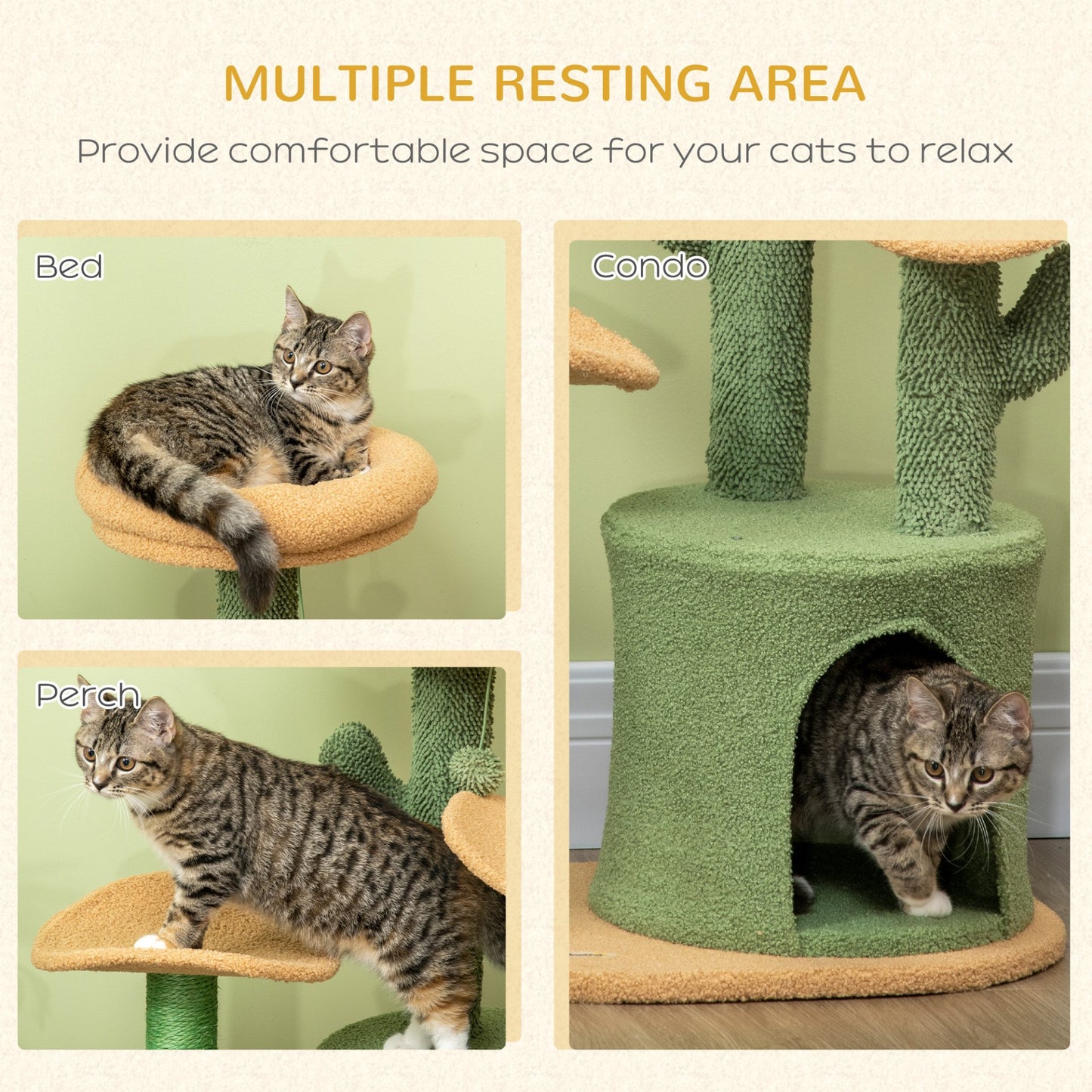 PawHut Cactus Designed Cat Tree 83cm Cat Climbing Tower Kitten Activity Centre w/ Cat House, Bed, Sisal Scratching Post, Hanging Toy Ball - Green - Baig Merchant