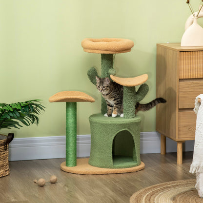 PawHut Cactus Designed Cat Tree 83cm Cat Climbing Tower Kitten Activity Centre w/ Cat House, Bed, Sisal Scratching Post, Hanging Toy Ball - Green - Baig Merchant