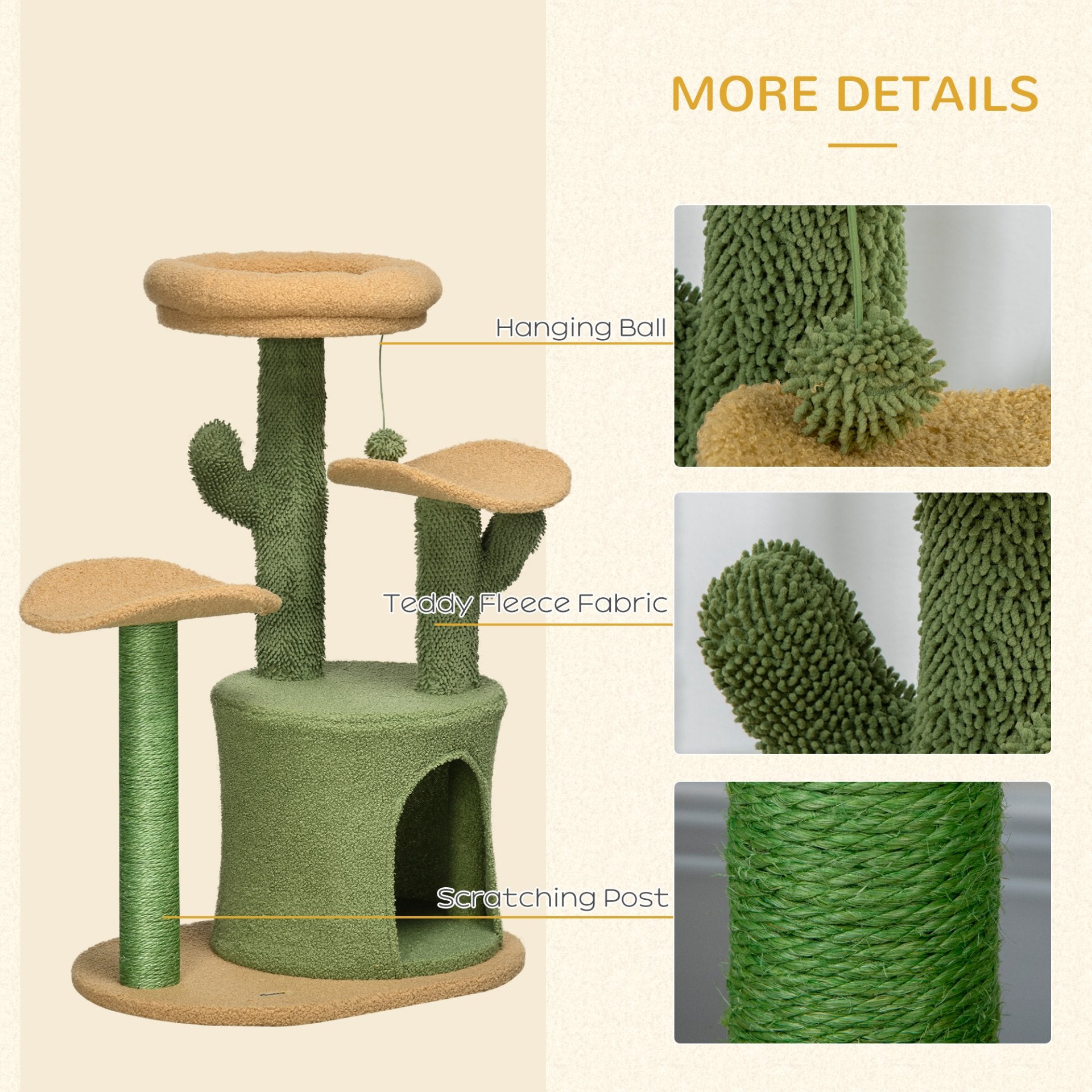 PawHut Cactus Designed Cat Tree 83cm Cat Climbing Tower Kitten Activity Centre w/ Cat House, Bed, Sisal Scratching Post, Hanging Toy Ball - Green - Baig Merchant