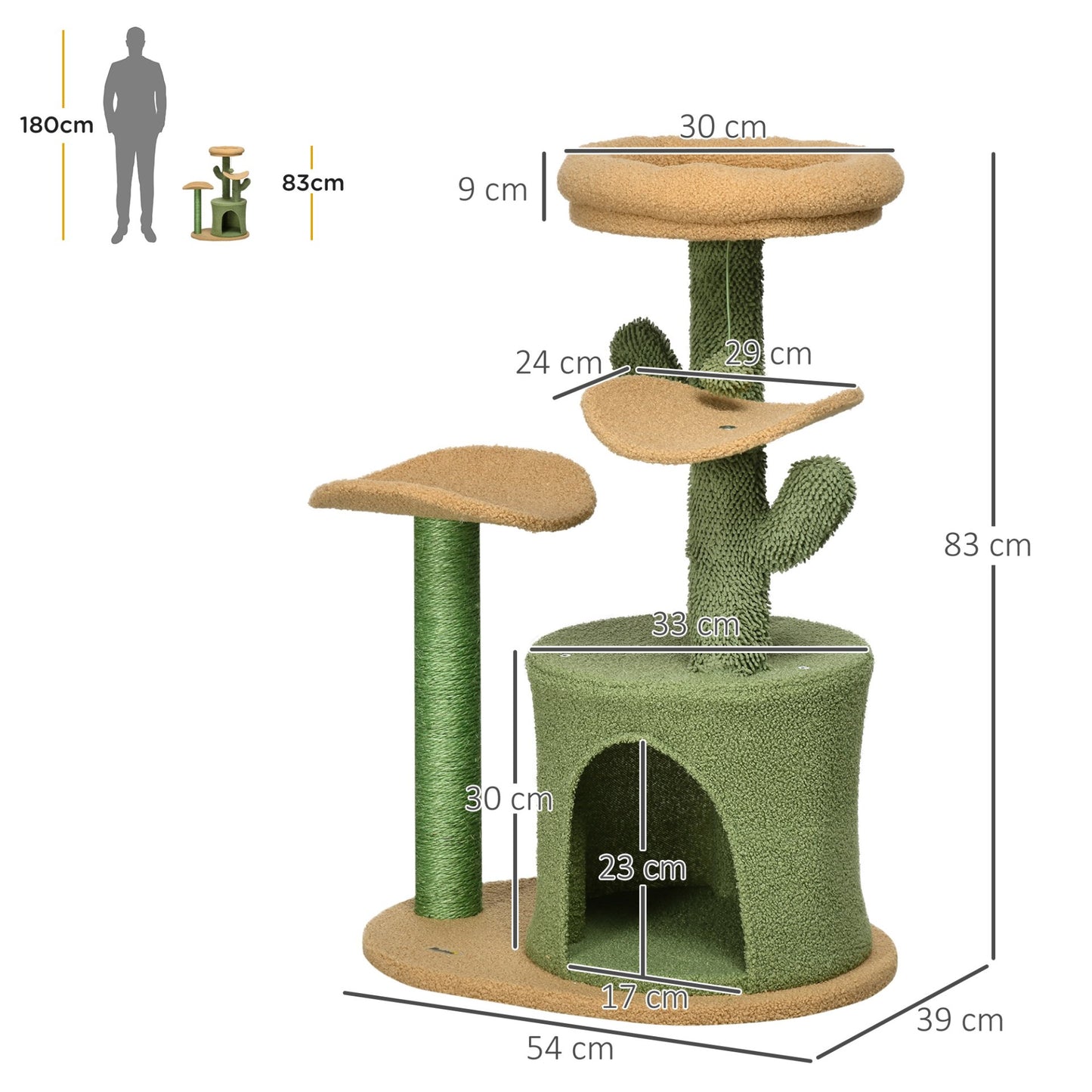 PawHut Cactus Designed Cat Tree 83cm Cat Climbing Tower Kitten Activity Centre w/ Cat House, Bed, Sisal Scratching Post, Hanging Toy Ball - Green - Baig Merchant