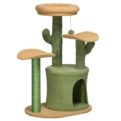 PawHut Cactus Designed Cat Tree 83cm Cat Climbing Tower Kitten Activity Centre w/ Cat House, Bed, Sisal Scratching Post, Hanging Toy Ball - Green - Baig Merchant