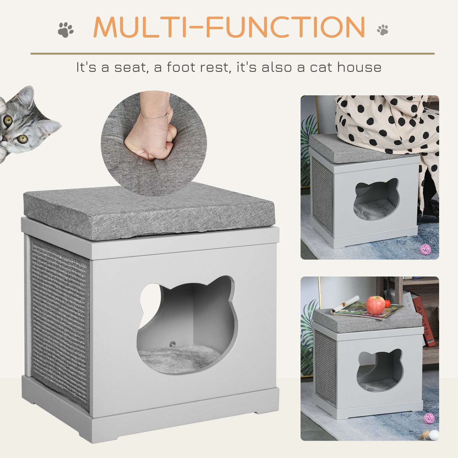 PawHut Cat House Bed Kitten Cave Cube Indoor for Small Pet with Removable Sisal Scratching Pads Soft Cushions, 41x30x36 cm, Grey - Baig Merchant