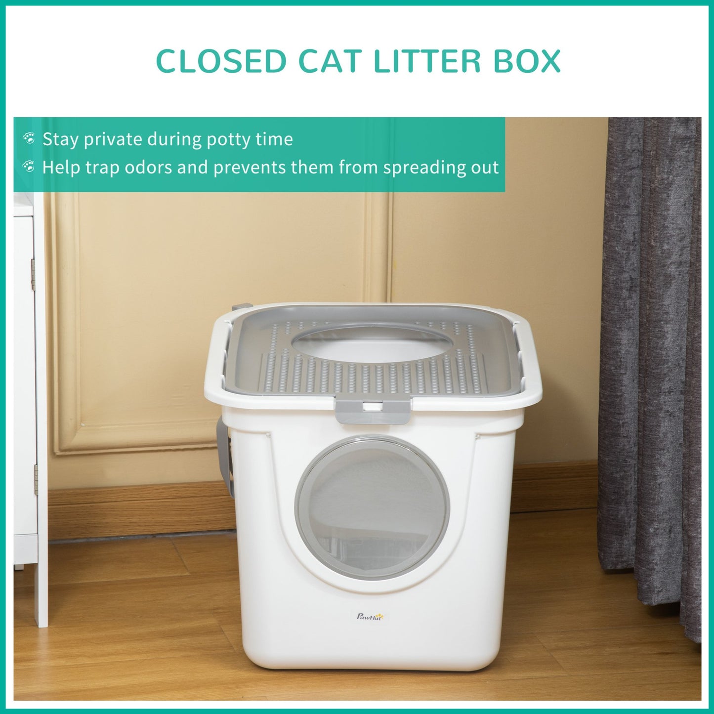 PawHut Cat Litter Box Pet Toilet Enclosed Kitten Pan w/ Front Entrance Top exit Scoop, White - Baig Merchant