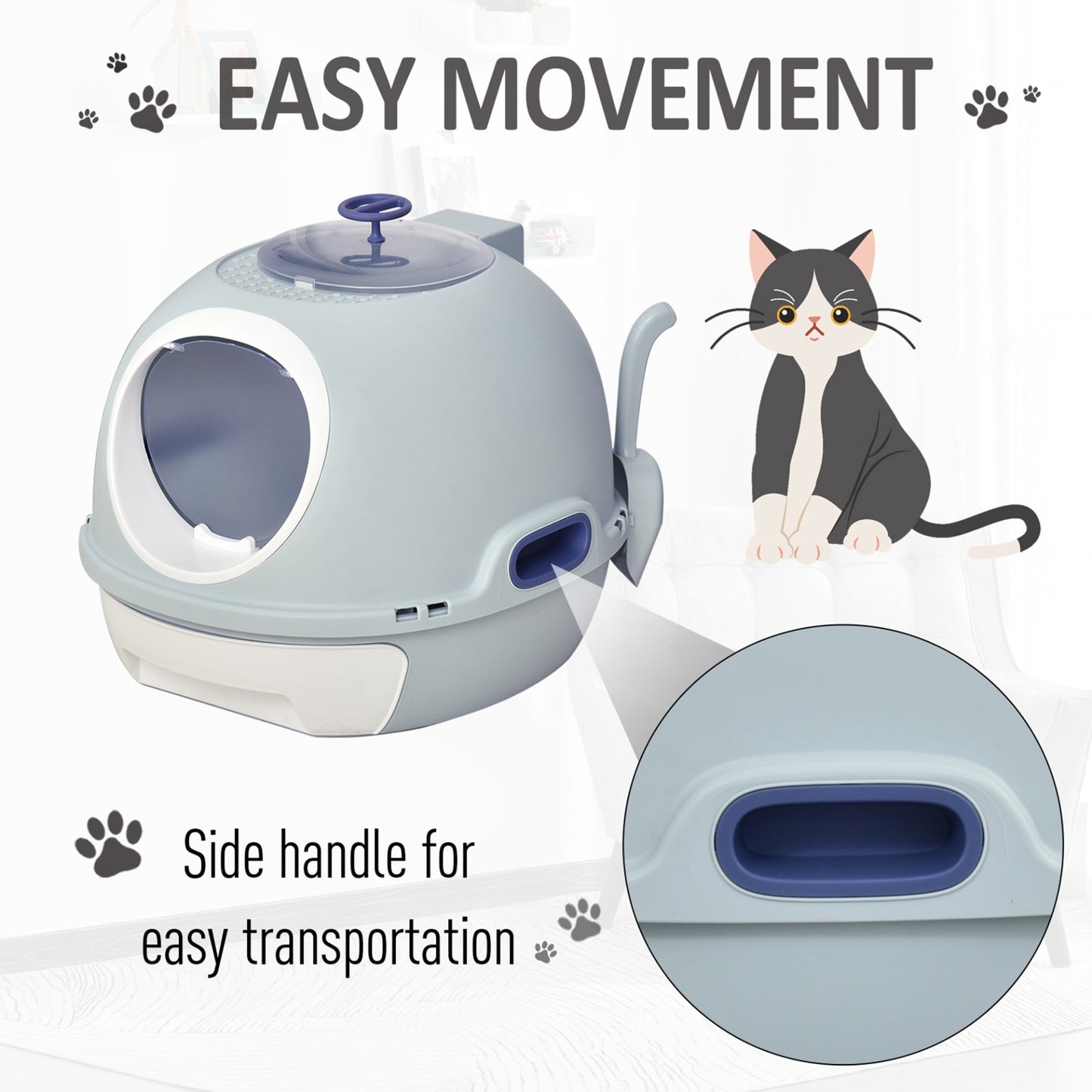 PawHut Cat Litter Box Toilet With Litter Scoop Enclosed Drawer Skylight Easy To Clean Blue - Baig Merchant