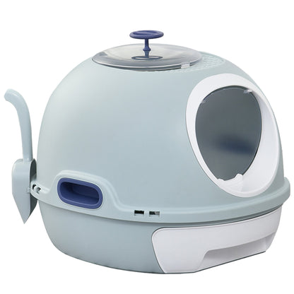 PawHut Cat Litter Box Toilet With Litter Scoop Enclosed Drawer Skylight Easy To Clean Blue - Baig Merchant