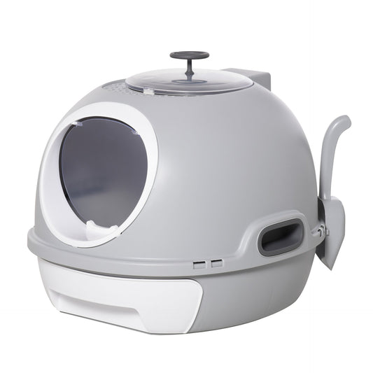 PawHut Cat Litter Box Toilet With Litter Scoop Enclosed Drawer Skylight Easy To Clean Grey - Baig Merchant