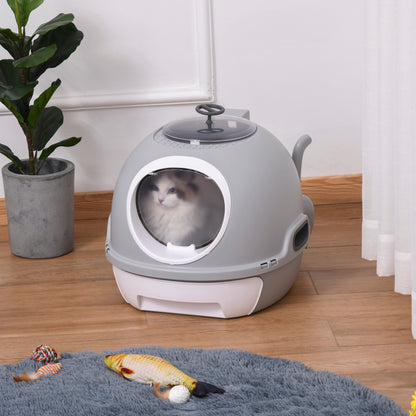 PawHut Cat Litter Box Toilet With Litter Scoop Enclosed Drawer Skylight Easy To Clean Grey - Baig Merchant