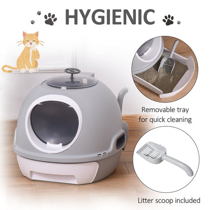 PawHut Cat Litter Box Toilet With Litter Scoop Enclosed Drawer Skylight Easy To Clean Grey - Baig Merchant