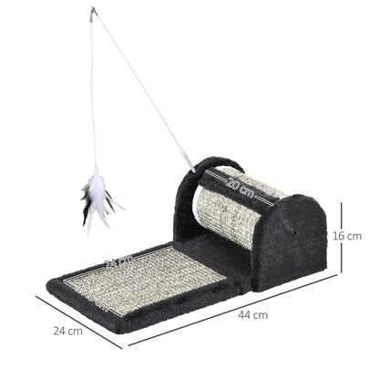 PawHut Cat Scratcher Sisal Scratching Pad Mat Board Kitten Toy with Roller Feather Teaser, 44 x 24 x 16 cm, Grey - Baig Merchant