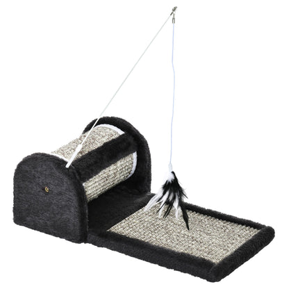 PawHut Cat Scratcher Sisal Scratching Pad Mat Board Kitten Toy with Roller Feather Teaser, 44 x 24 x 16 cm, Grey - Baig Merchant