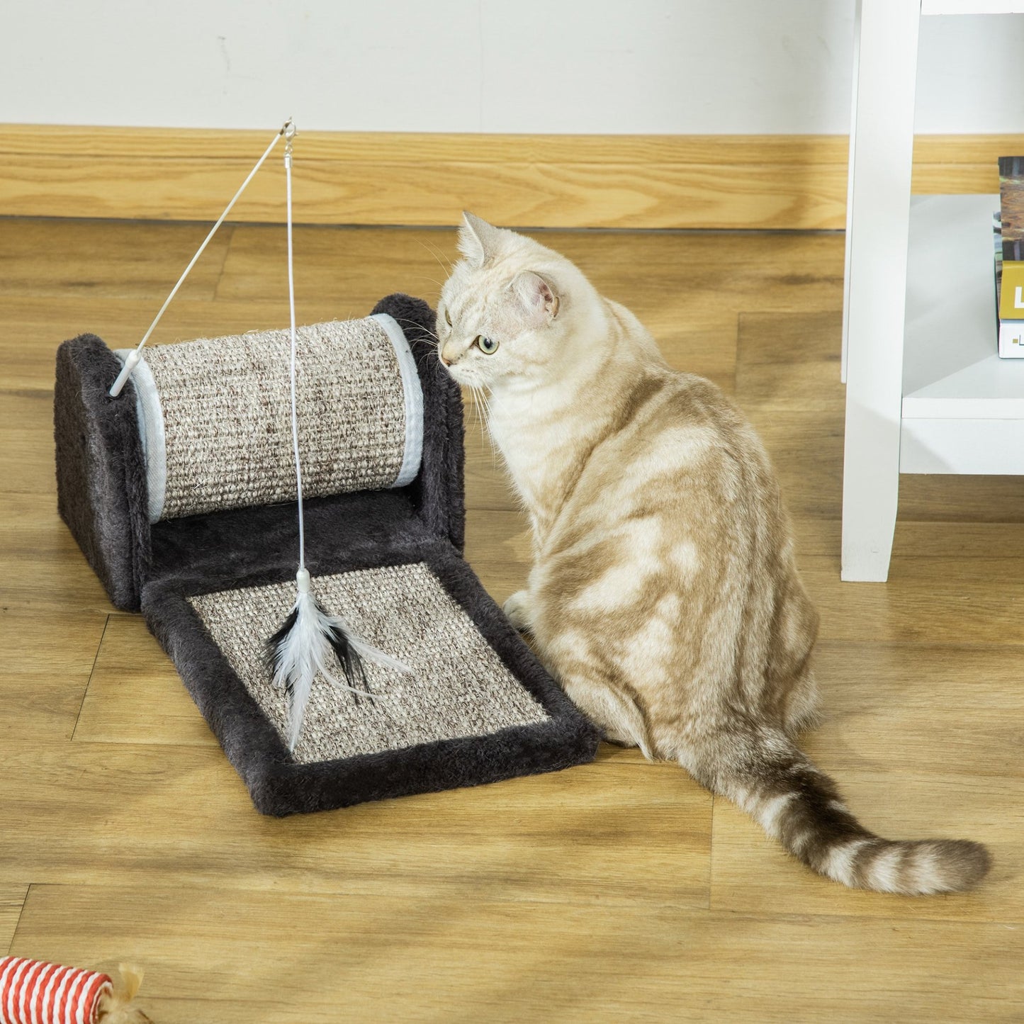 PawHut Cat Scratcher Sisal Scratching Pad Mat Board Kitten Toy with Roller Feather Teaser, 44 x 24 x 16 cm, Grey - Baig Merchant