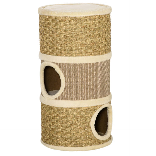 PawHut Cat Scratching Barrel Kitten Tree Tower for Indoor Cats Pet Furniture Climbing Frame Covered with Sisal and Seaweed Rope Cozy Platform Soft Plush - Baig Merchant