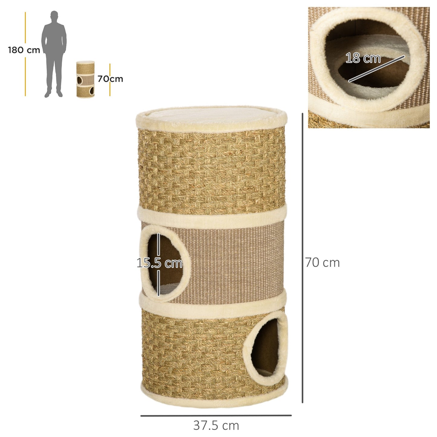 PawHut Cat Scratching Barrel Kitten Tree Tower for Indoor Cats Pet Furniture Climbing Frame Covered with Sisal and Seaweed Rope Cozy Platform Soft Plush - Baig Merchant