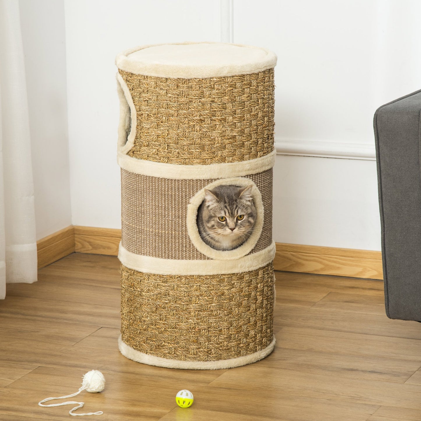 PawHut Cat Scratching Barrel Kitten Tree Tower for Indoor Cats Pet Furniture Climbing Frame Covered with Sisal and Seaweed Rope Cozy Platform Soft Plush - Baig Merchant