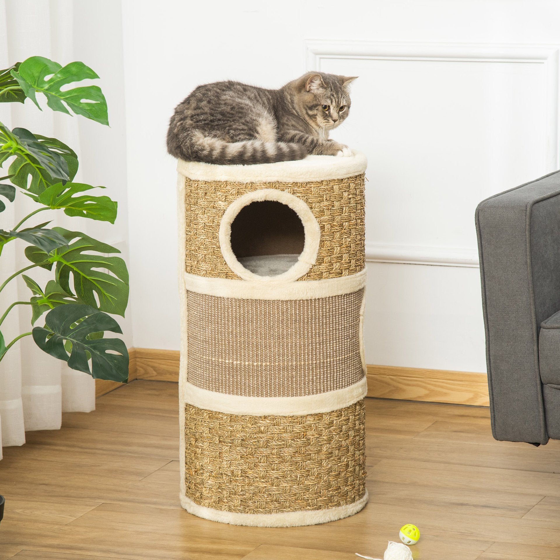 PawHut Cat Scratching Barrel Kitten Tree Tower for Indoor Cats Pet Furniture Climbing Frame Covered with Sisal and Seaweed Rope Cozy Platform Soft Plush - Baig Merchant