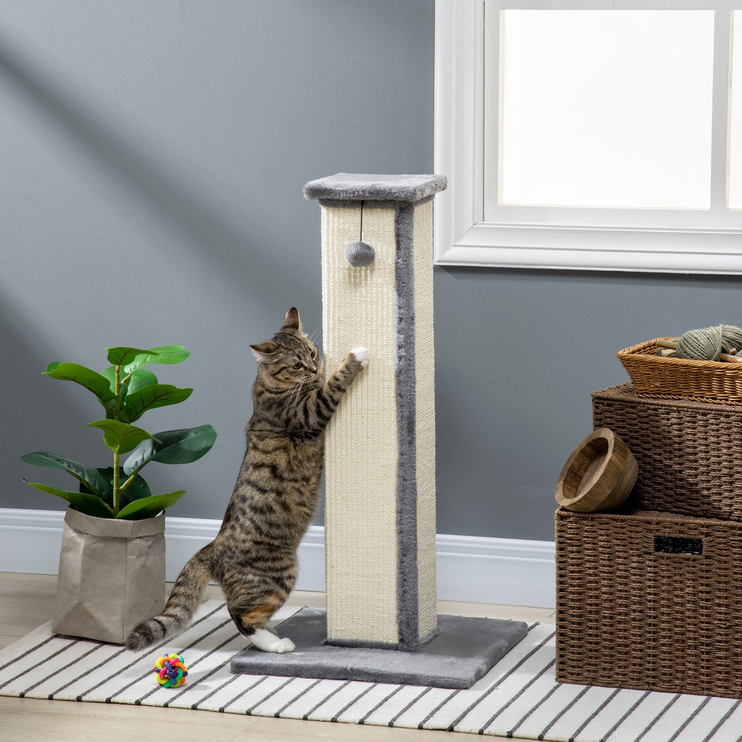 PawHut Cat Scratching Post for Indoor Cats, 81cm Cat Scratcher, Vertical Full Scratcher with Natural Sisal Rope, Hanging Ball and Soft Plush, Grey - Baig Merchant