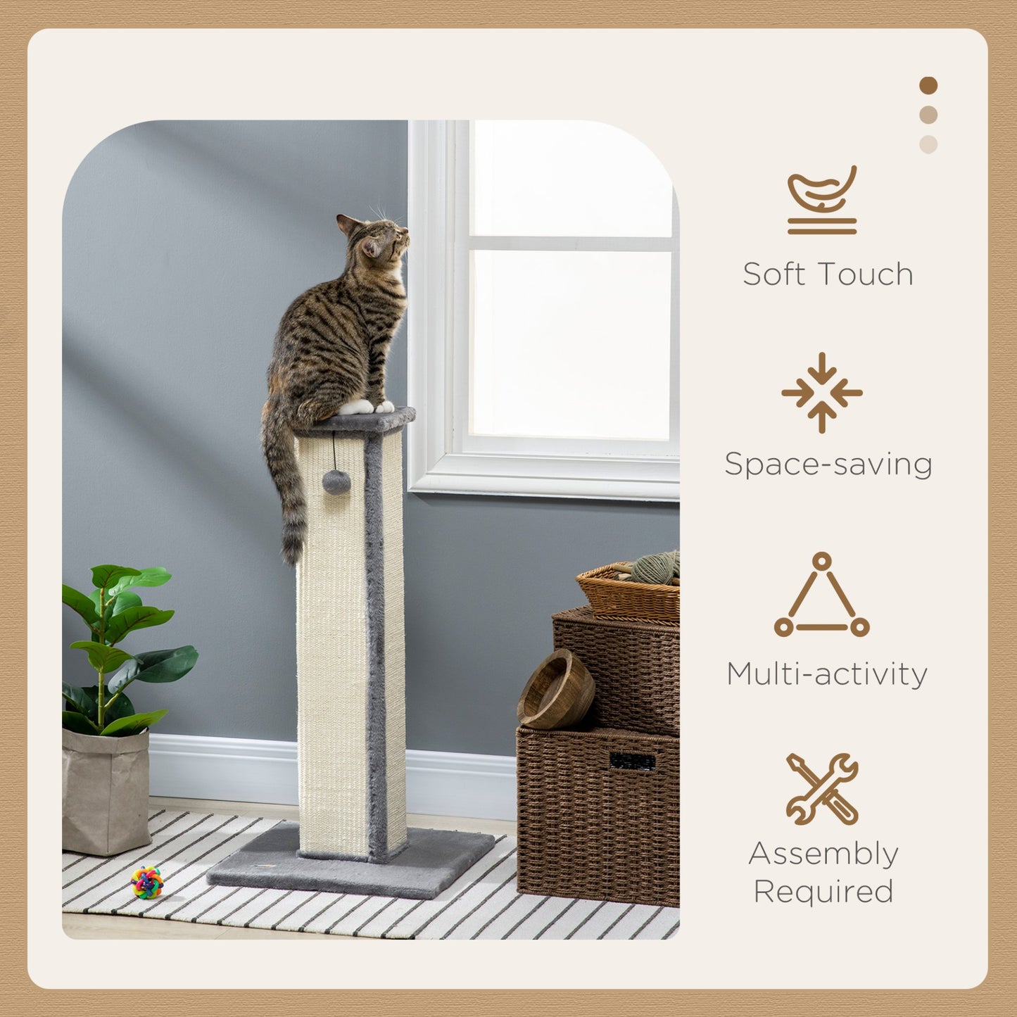 PawHut Cat Scratching Post for Indoor Cats, 81cm Cat Scratcher, Vertical Full Scratcher with Natural Sisal Rope, Hanging Ball and Soft Plush, Grey - Baig Merchant